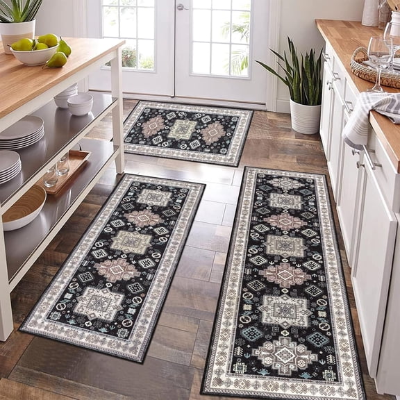 BURIBURI Farmhouse Kitchen Rugs Sets of 3, Kitchen Runner Rugs Non Slip Washable, Boho Kitchen Mats for Floor, Indoor Door Mat Entrance, Laundry Room Rug, Thick Kitchen Floor Mat Carpet