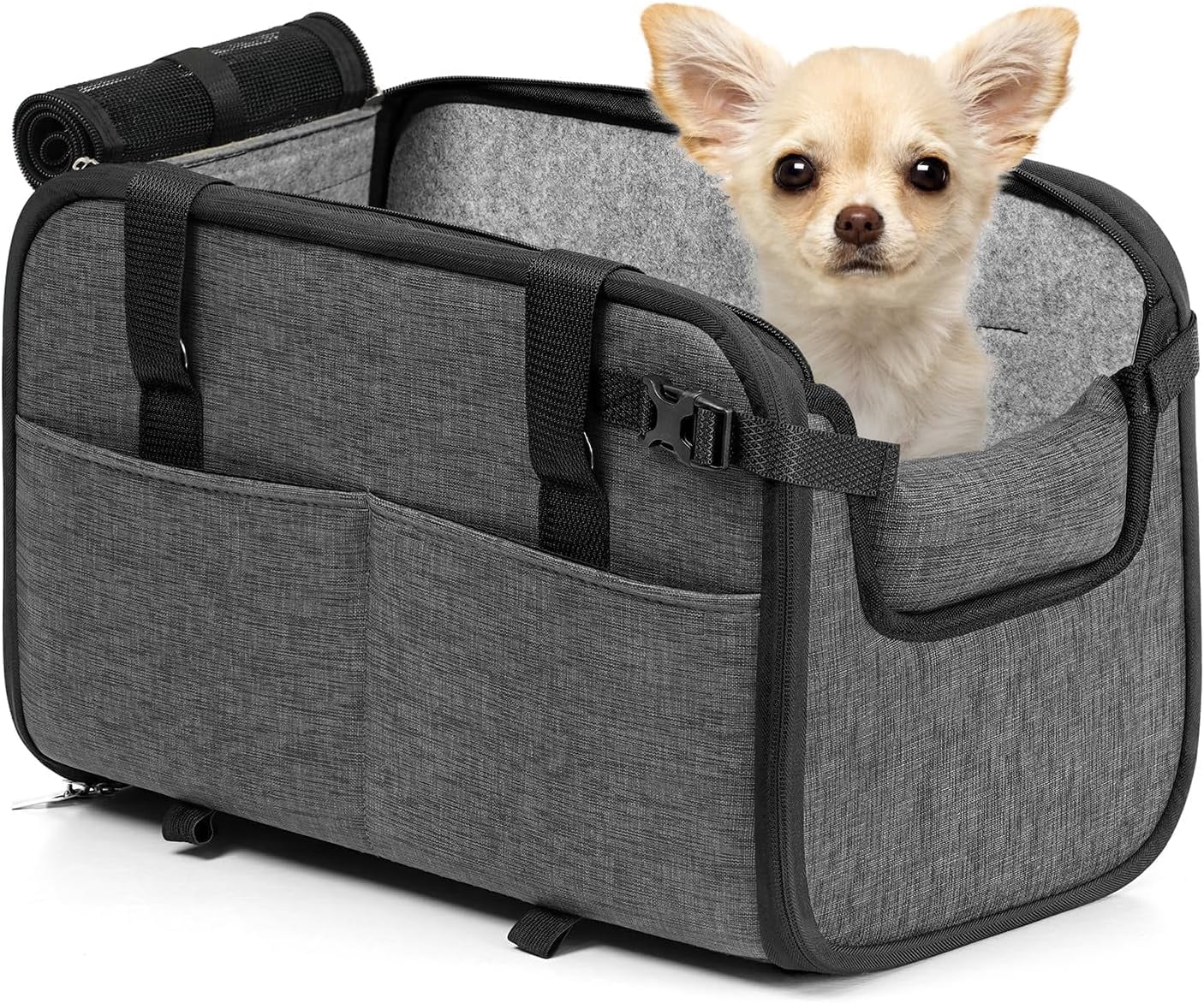 BURIBURI Large Dog Car Seat for Center Console (Width＞9.5in) Fits 10-18lbs, Anti-Slip Puppy Cat Travel Portable Booster Seat, Luxury Pet Car Bed Carseat PU Leather Gray