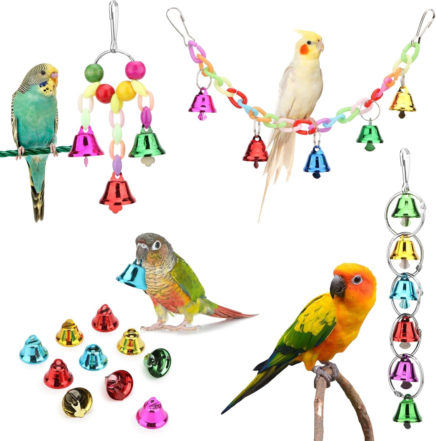 Curated visual reference: Picture Idea: Buriburi Parrot Chew Toys Swing Colorful Bells Chandelier Bird Hanging