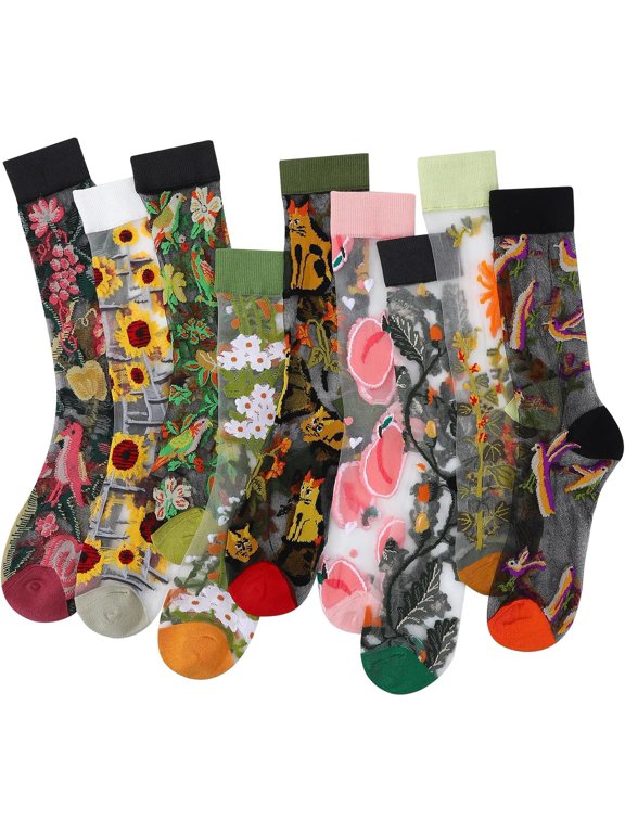Vintage Flower Sheer Socks for Women Ankle Mesh Lace Elastic Jacquard Transparent Socks