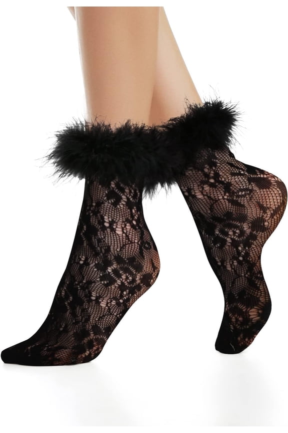 Women's Ruffle Fishnet Anklet Socks - Fake Feather Cuff Mesh Lace - Gift