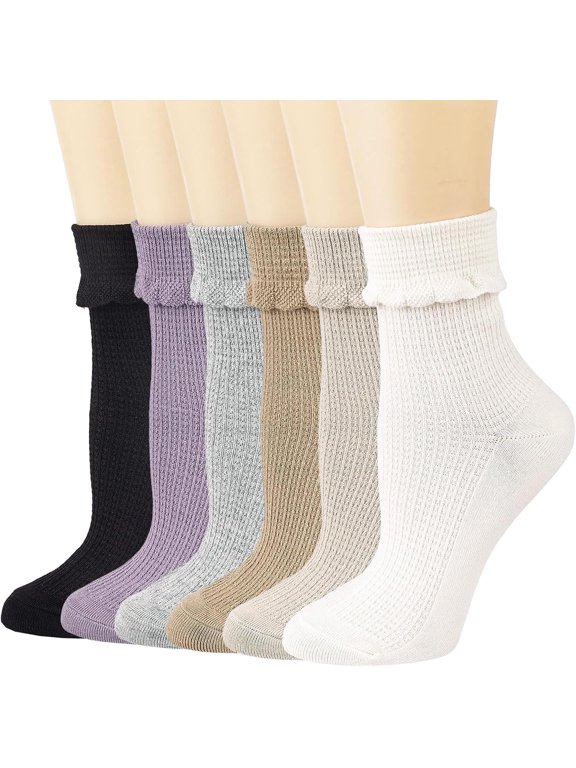 Womens Crew Socks Ruffle Casual Cotton Frilly Breathable Cute Knit Lettuce Turn-Cuff Trim Ankle Socks 6 Pack