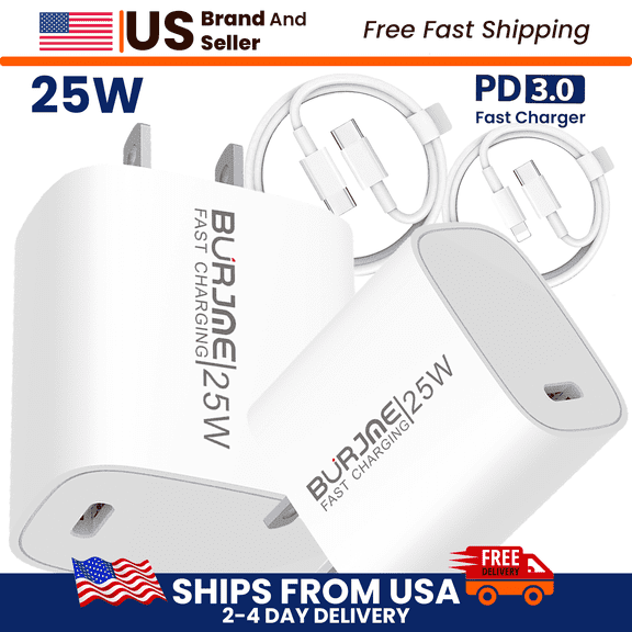 Burjme 25W USB-C Fast Charger, PD 3.0 Wall Charger Block with 2 Cables Compatible with iPhone 16/15/14/13 and Samsung Galaxy