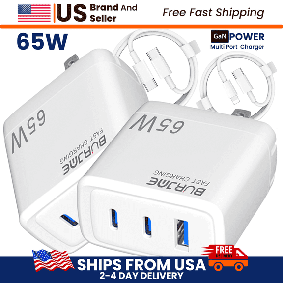 Burjme 65W USB-C GaN Fast Charger,  3 Ports Fast Wall Charger for iPhone , Samsung Galaxy & Mcbook