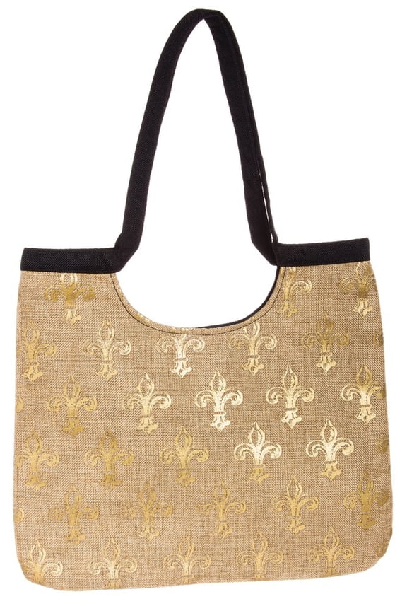 BURLAP HOBO HANDBAG, FLEUR DE LIS, METALLIC