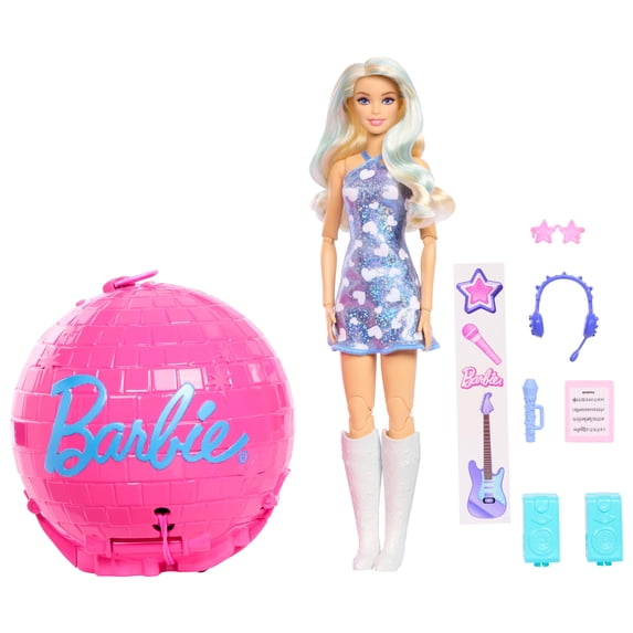 Barbie Team Barbie Roll and Reveal Pop Star Fashion Doll in Disco Ball with Accessories, Blonde