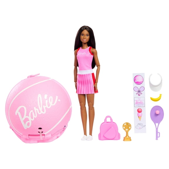 Barbie Team Barbie Roll and Reveal Tennis Player Doll and Accessories with Brunette Fashion Doll, 8 Surprises & Tennis Ball Encasement