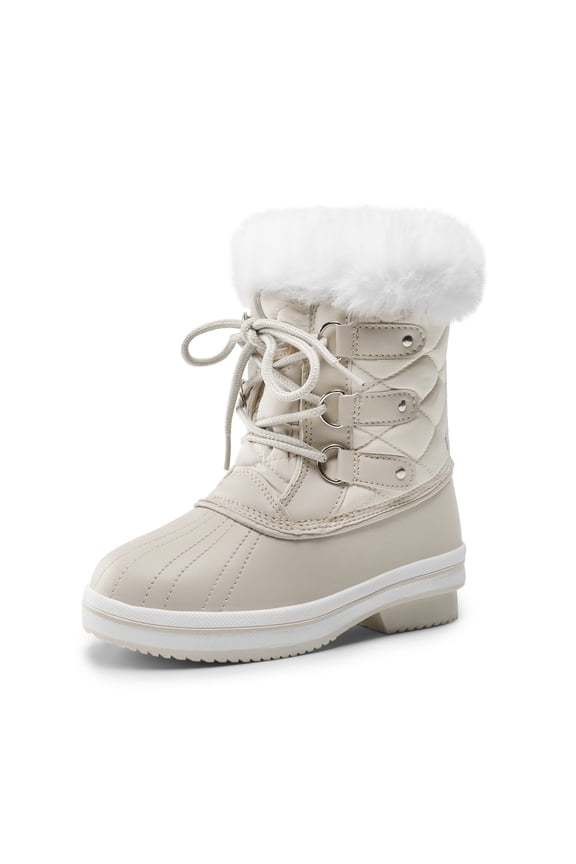 Boys Girls Waterproof Mid-Calf Winter Snow Boots for Little/Big Kids Anti-Slip Warm Booties Off-White Size 4