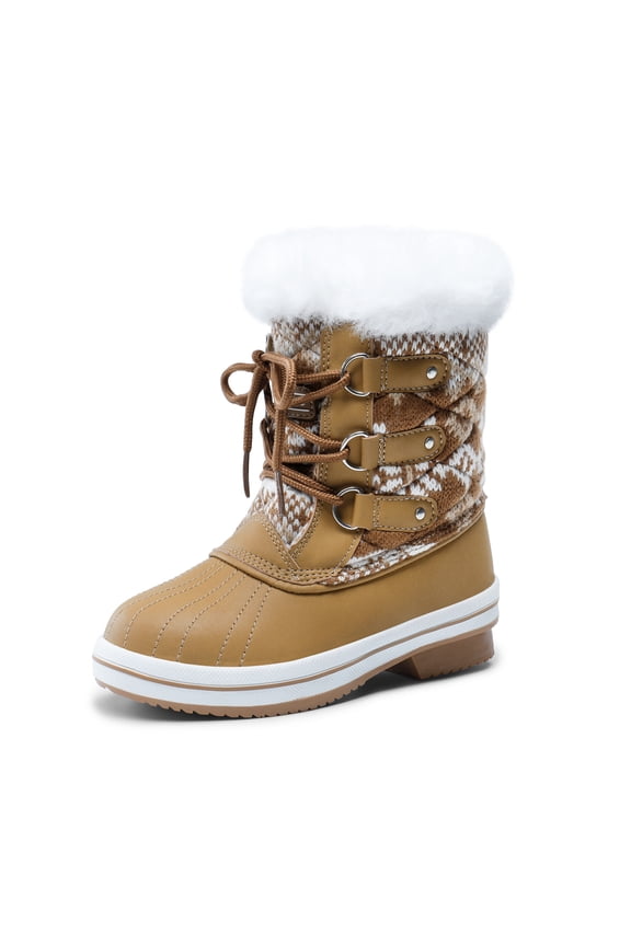 Boys Girls Waterproof Mid-Calf Winter Snow Boots for Little/Big Kids Anti-Slip Warm Booties Tan/White Size 3