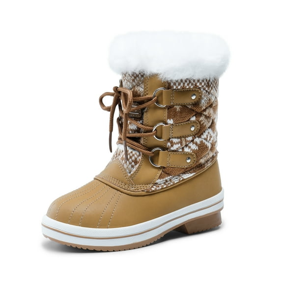 BURUDANI Boys Girls Waterproof Mid-Calf Winter Snow Boots for Little/Big Kids Anti-Slip Warm Booties Tan/White Size 6