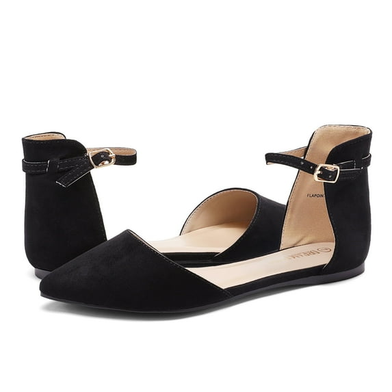 BURUDANI Flapointed Women's Casual Ankle Strap Flats Shoes Pointed Plain Ballet Comfort Soft Slip On Flats Shoes Black/Suede Size 11
