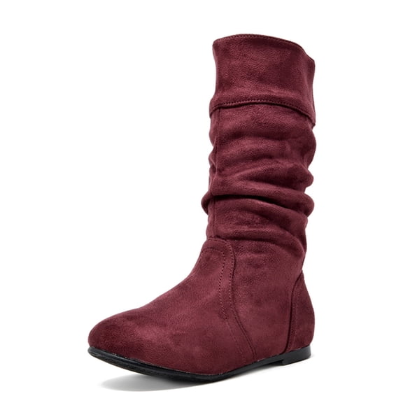BURUDANI Girl's Kid's Cute Zipper Flat Heel Mid Calf Boot Shoes BLVD-K BURGUNDY Size 9