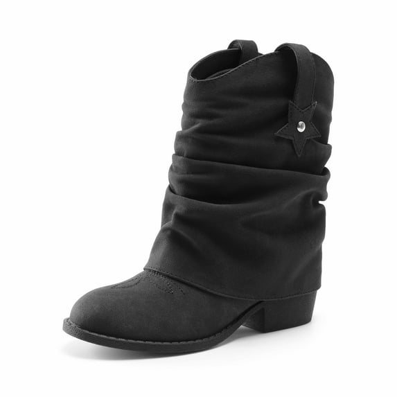 BURUDANI Girls Cowboy Cowgirl Western Boots 2-in-1 Embroidered Fashion Mid Calf Shoes Removable Cuff Black Size 1