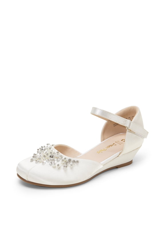 Girls Dress Shoes Toddler/Little/Big Kids Low Wedge Heels Pearl Rhinestone Pumps for Princess, Wedding, Party, Flower Girl
