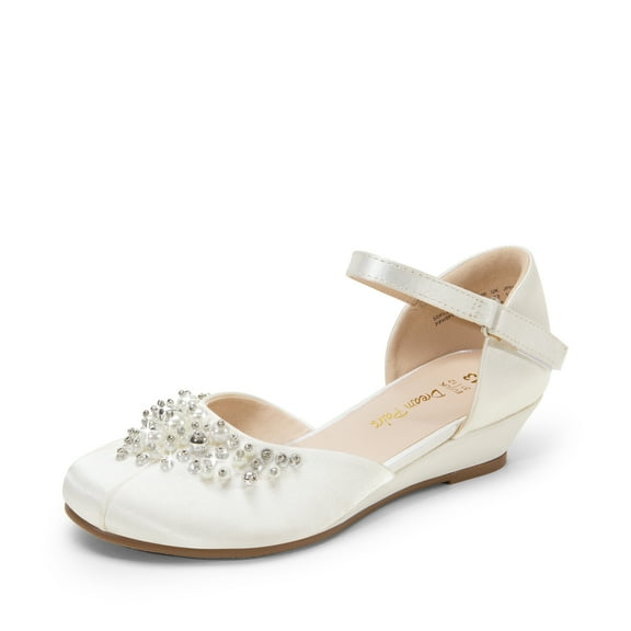 BURUDANI Girls Dress Shoes Toddler/Little/Big Kids Low Wedge Heels Pearl Rhinestone Pumps for Princess, Wedding, Party, Flower Girl