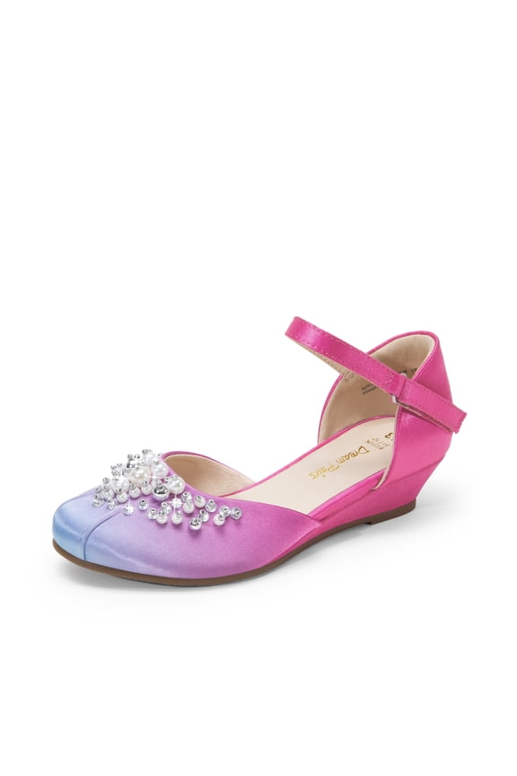 Girls Dress Shoes Toddler/Little/Big Kids Low Wedge Heels Pearl Rhinestone Pumps for Princess, Wedding, Party, Flower Girl