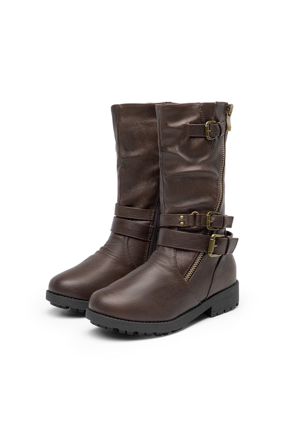Girls Kids Winter Fashion Knee High Winter Boots Buckle Zipper Riding Boot Mid Boot Atlanta-K Brown Size 10