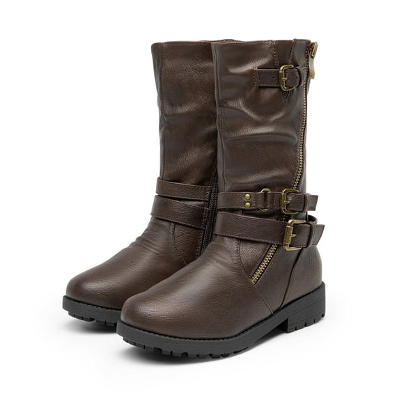 BURUDANI Girls Kids Winter Fashion Knee High Winter Boots Buckle Zipper Riding Boot Mid Boot Atlanta-K Brown Size 9