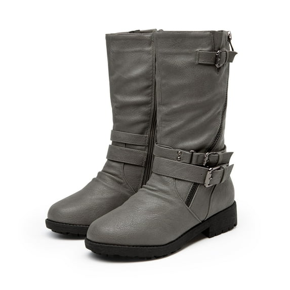 BURUDANI Girls Kids Winter Fashion Knee High Winter Boots Buckle Zipper Riding Boot Mid Boot Atlanta-K Grey Size 10