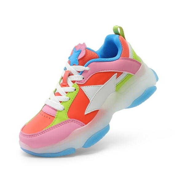 BURUDANI Girls Sneakers Lace-Up Lightweight Sparkle StarGlow Breathable Jelly Sole Kids Walking Shoes Casual Sports