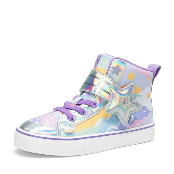 BURUDANI Girls’ Star High-Top Sneakers with Hook and Loop, Sparkly Rainbow Casual Shoes