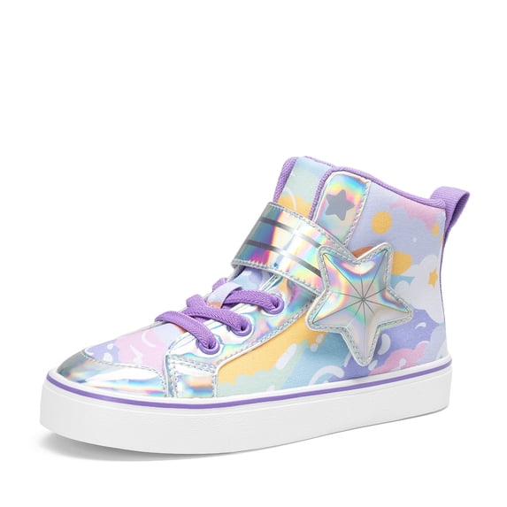 DREAM PAIRS Girls’ Star High-Top Sneakers with Hook and Loop, Sparkly Rainbow Casual Shoes