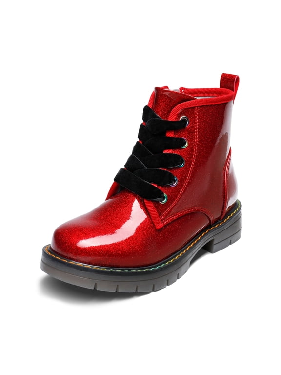 Kids Glitter Ankle Boots Side Zipper Combat Shoes with Lace-Up for Toddler Little Kid & Big Kid