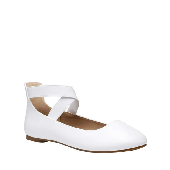 BURUDANI Mary Jane Shoes For Women Ladies Ballet Flats With Elastic Crossed Ankle Strap WHITE/PU Size 7.5