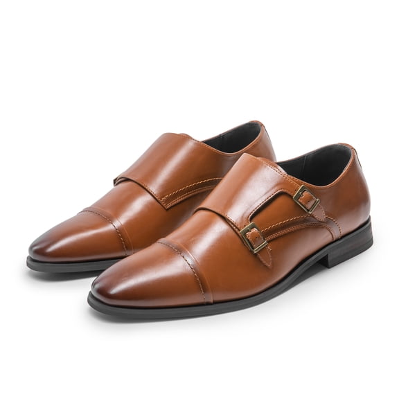 BURUDANI Men's Double Monk Strap Slip on Loafer Cap Toe Leather Oxford Formal Business Casual Comfortable Dress Shoes for Men