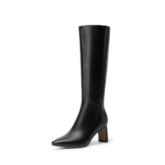 BURUDANI Women Chunky Block-Heel Square-Toe Knee-High Tall Boots Side-Zip Fashion Boots