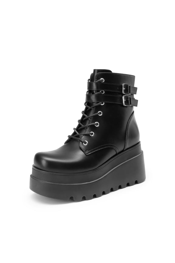Women Chunky High-Heel Platform Combat Ankle Boots Goth Lace-Up Motorcycle Booties