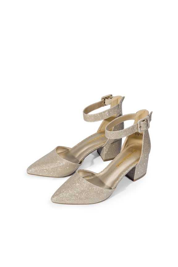 Women Fashion Pump Shoes Ankle Strap Pointed Toe Low Chunky Dress Shoes GOLD/GLITTER Size 6