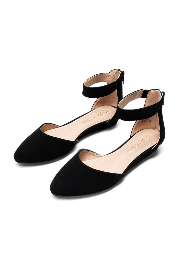 Women Flats Shoes Low Wedge Sandals Ankle Strap Pointed Toe BLACK/NUBUCK Size 12