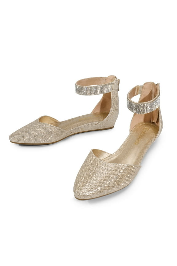 Women Flats Shoes Low Wedge Sandals Ankle Strap Pointed Toe GOLD Size 6