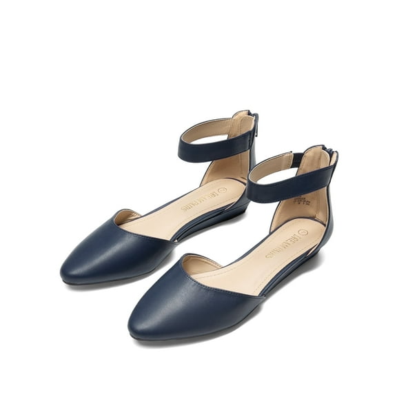 BURUDANI Women Flats Shoes Low Wedge Sandals Ankle Strap Pointed Toe NAVY/PU Size 5.5