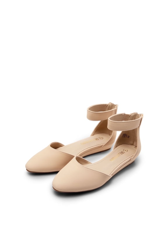 Women Flats Shoes Low Wedge Sandals Ankle Strap Pointed Toe NUDE/NUBUCK Size 7.5