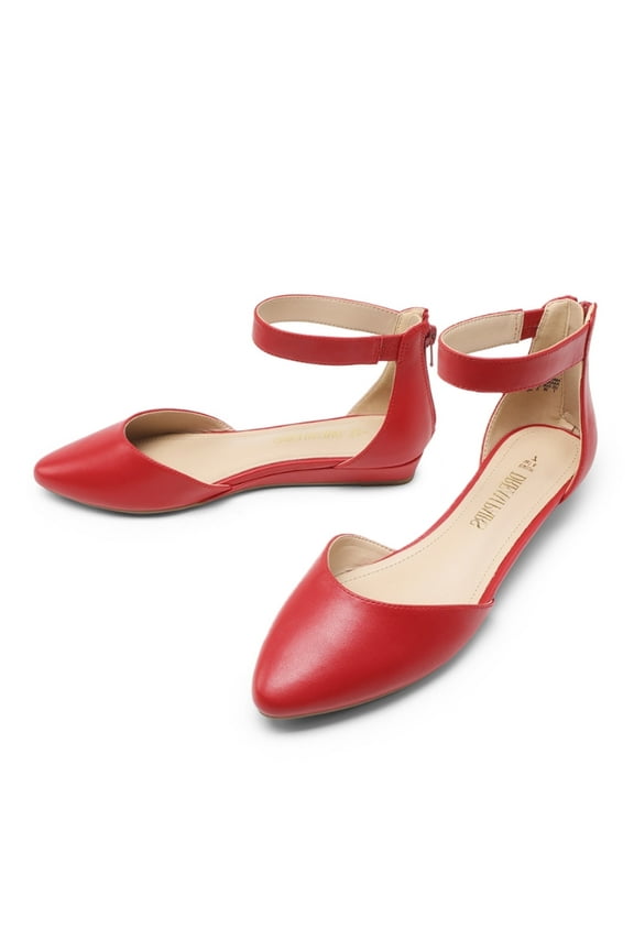 Women Flats Shoes Low Wedge Sandals Ankle Strap Pointed Toe RED-PU-1 Size 6