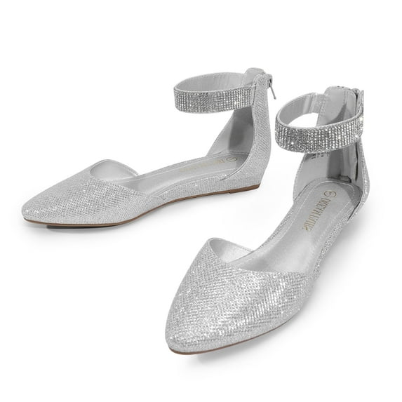 BURUDANI Women Flats Shoes Low Wedge Sandals Ankle Strap Pointed Toe SILVER Size 7.5