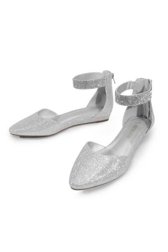 Women Flats Shoes Low Wedge Sandals Ankle Strap Pointed Toe SILVER Size 7
