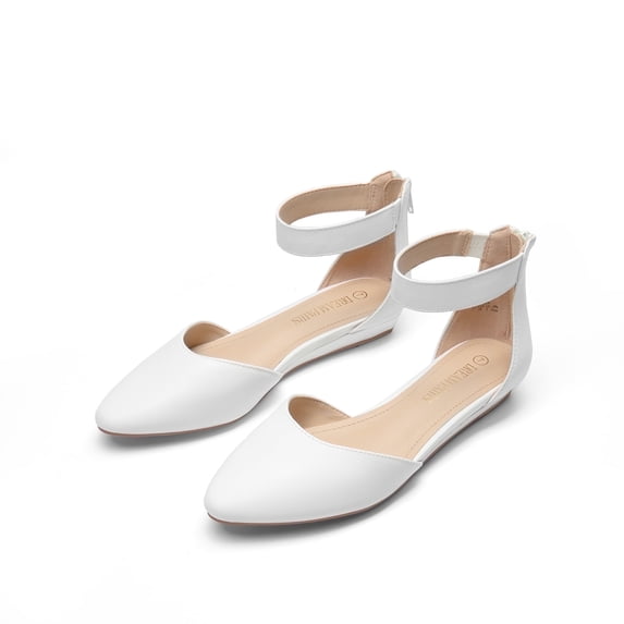 BURUDANI Women Flats Shoes Low Wedge Sandals Ankle Strap Pointed Toe WHITE/PU Size 8.5