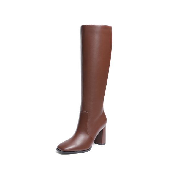 BURUDANI Women Gogo Knee-High Square-Toe Chunky-Heel Boots with Side Zip