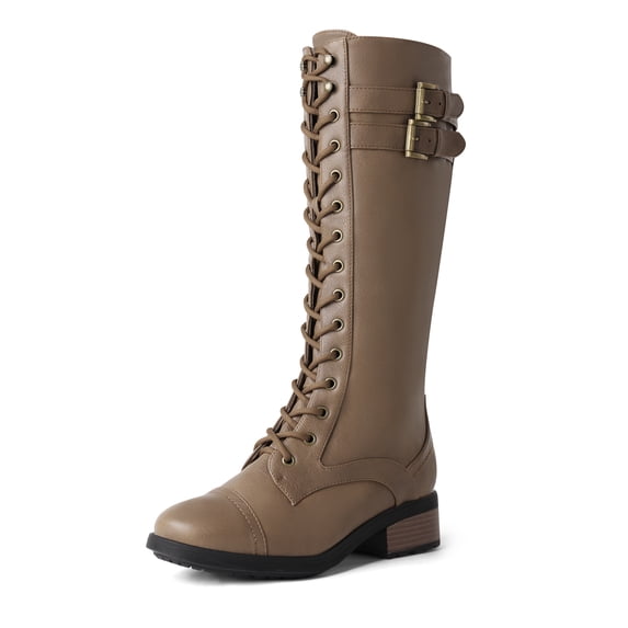 BURUDANI Women PU Knee-High Combat Riding Boots – Square-Toe, Lace-Up & Buckle Straps, Side-Zip Tall Boots for Fall & Winter