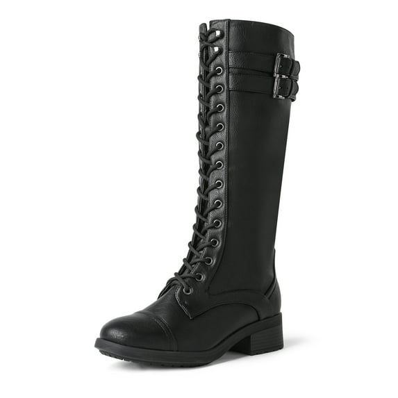 BURUDANI Women PU Knee-High Combat Riding Boots – Square-Toe, Lace-Up & Buckle Straps, Side-Zip Tall Boots for Fall & Winter