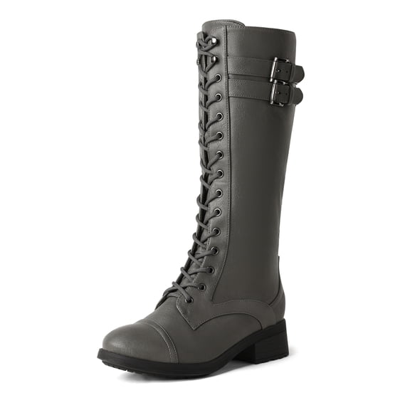 BURUDANI Women PU Knee-High Combat Riding Boots – Square-Toe, Lace-Up & Buckle Straps, Side-Zip Tall Boots for Fall & Winter