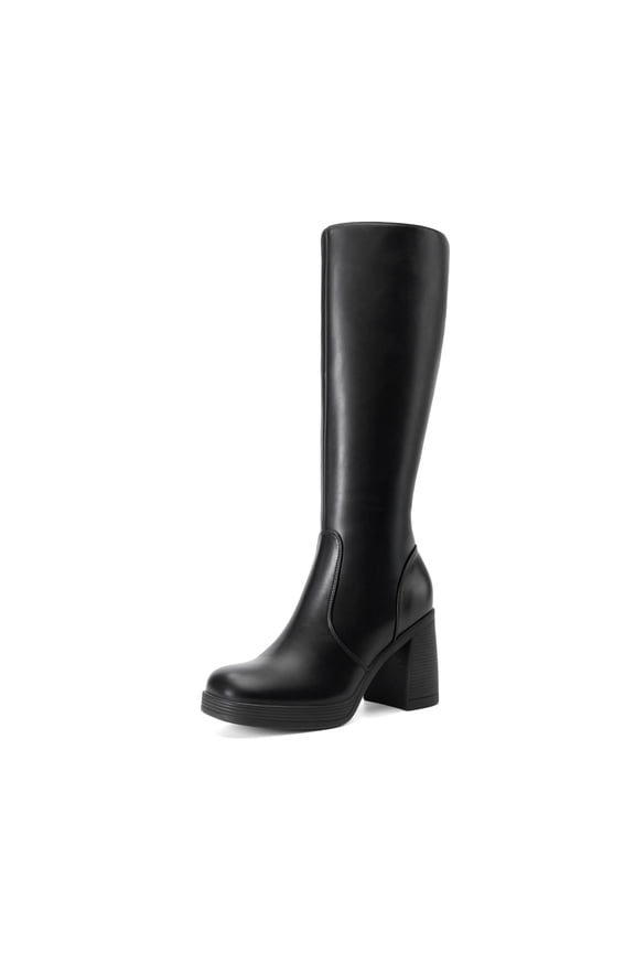 Women Platform Gogo Knee-High Boots Square Toe Chunky Block Heel Side-Zip Tall Boots