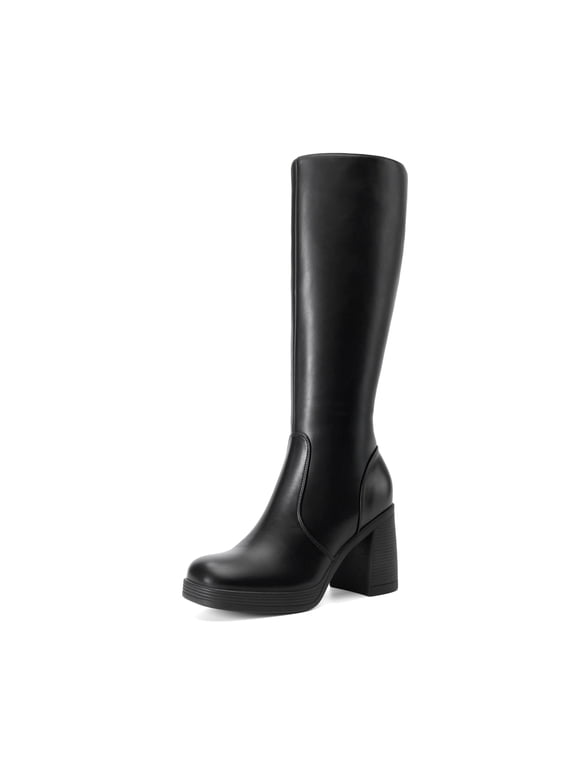 Women Platform Gogo Knee-High Boots Square Toe Chunky Block Heel Side-Zip Tall Boots