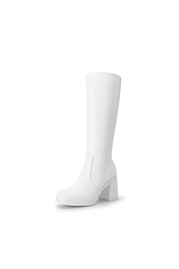 Women Platform Gogo Knee-High Boots Square Toe Chunky Block Heel Side-Zip Tall Boots