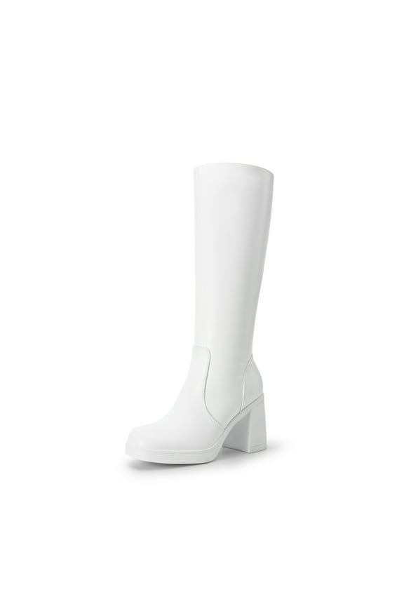 Women Platform Gogo Knee-High Boots Square Toe Chunky Block Heel Side-Zip Tall Boots