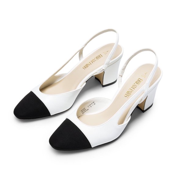 BURUDANI Women Slingback Low Chunky Heels Pumps Ankle Strap Cap Toe Pumps Shoes WHITE Size 10
