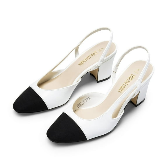 BURUDANI Women Slingback Low Chunky Heels Pumps Ankle Strap Cap Toe Pumps Shoes WHITE Size 6.5